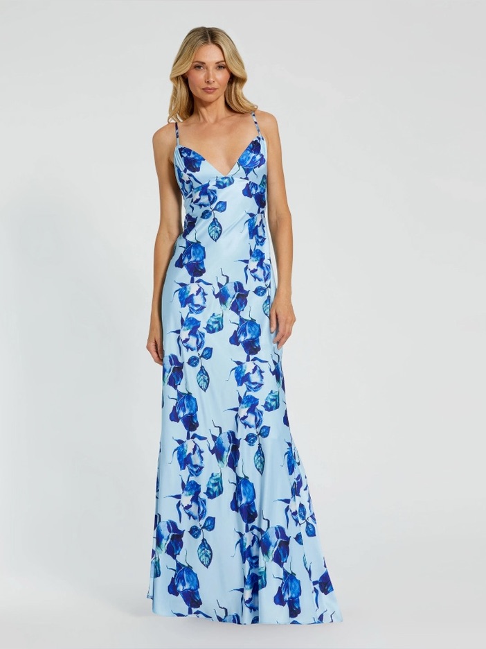 Mac Duggal Blue Floral Print V Neck Maxi Dress Formal Gown Summer Wedding Guest